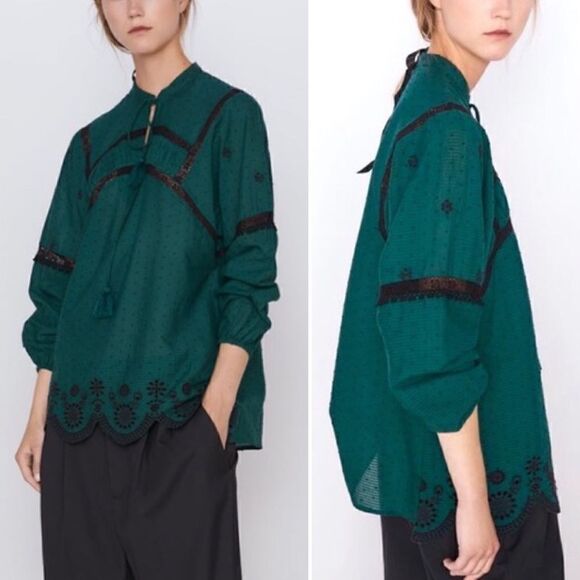 Zara Emerald Green Embroidered Eyelet Tassel Long Sleeves Peasant Top - Picture 1 of 13